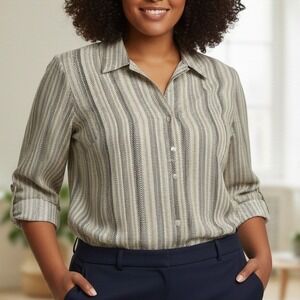 Covington Woman Beige Black Stripe Button Up Shirt Top Plus Size 16‎ 18